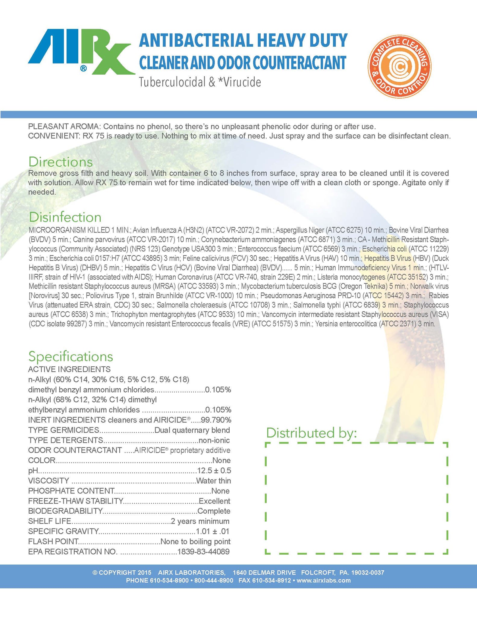 RX75 Antibacterial HD Cleaner & Odor Counteractant 12/32oz cs